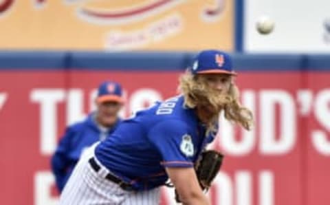 Mar 3, 2017; Port St. Lucie, FL, USA; New York Mets starting pitcher Noah Syndergaard (34) warms up. Mandatory Credit: Steve Mitchell-USA TODAY Sports