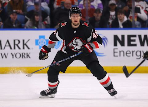 Jan 9, 2023; Buffalo, New York, USA; Buffalo Sabres defenseman Ilya Lyubushkin (46) looks for the puck during the second period against the Philadelphia Flyers at KeyBank Center. Mandatory Credit: Timothy T. Ludwig-USA TODAY Sports