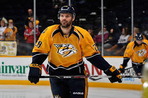 Paul Gaustad #28 of the Nashville Predators (Photo by Frederick Breedon/Getty Images)