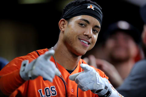 Sep 16, 2022; Houston, Texas, USA; Houston Astros shortstop Jeremy Pena (3) reacts after hitting a home run to left field against the Oakland Athletics during the fifth inning at Minute Maid Park. Mandatory Credit: Erik Williams-USA TODAY Sports