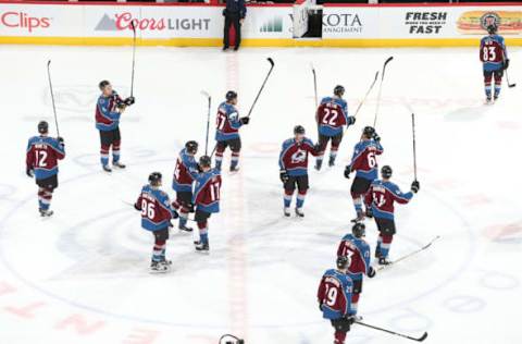 DENVER, CO – DECEMBER 31: Members of the Colorado Avalanche salute the crowd after a win against the New York Islanders at the Pepsi Center on December 31, 2017 in Denver, Colorado. The Avalanche defeated the Islanders 6-1. (Photo by Michael Martin/NHLI via Getty Images)