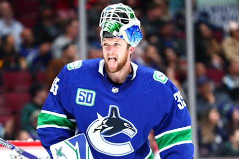 VANCOUVER, BC – SEPTEMBER 25: Vancouver Canucks Goaltender Thatcher Demko (35) sticks out his tongue during a break in play in their NHL preseason game against the Ottawa Senators at Rogers Arena on September 25, 2019 in Vancouver, British Columbia, Canada. (Photo by Devin Manky/Icon Sportswire via Getty Images)