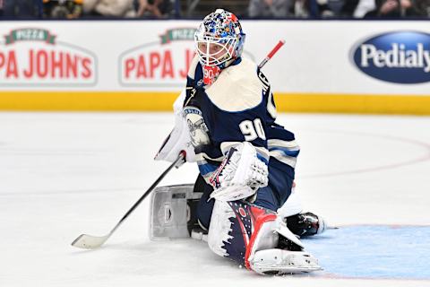 COLUMBUS, OH – JANUARY 14: Goaltender Elvis Merzlikins #90 of the Columbus Blue Jackets stops a shot on goal from the Boston Bruins in the second period using his chest on January 14, 2020 at Nationwide Arena in Columbus, Ohio. (Photo by Jamie Sabau/NHLI via Getty Images)