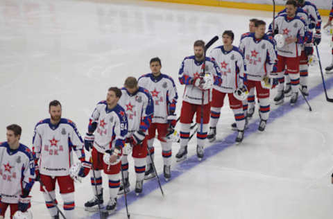 SAINT PETERSBURG, RUSSIA – 2022/04/02: CSKA Hockey Club players, Ivan Fedotov (No.28), Bogdan Kiselyevich (No.55), Semyon Pankratov (No.96) are seen in action during the Kontinental Hockey League, Gagarin Cup, KHL 2021/22 between SKA Saint Petersburg and CSKA Moscow at the Ice Sports Palace.(Final score; SKA Saint Petersburg 1:3 CSKA Moscow). (Photo by Maksim Konstantinov/SOPA Images/LightRocket via Getty Images)