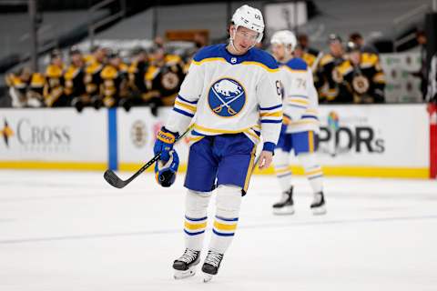 BOSTON, MASSACHUSETTS – MAY 01: Victor Olofsson #68 of the Buffalo Sabres looks on during the first period against the Boston Bruins at TD Garden on May 01, 2021 in Boston, Massachusetts. (Photo by Maddie Meyer/Getty Images)