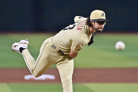 Jul 7, 2023; Phoenix, Arizona, USA; Arizona Diamondbacks starting pitcher Zac Gallen (23) throws in the second inning against the Pittsburgh Pirates at Chase Field. Mandatory Credit: Matt Kartozian-USA TODAY Sports