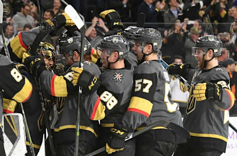 LAS VEGAS, NV – DECEMBER 19: The Vegas Golden Knights celebrate on the ice after defeating the Tampa Bay Lightning 4-3 at T-Mobile Arena on December 19, 2017, in Las Vegas, Nevada. (Photo by Ethan Miller/Getty Images)