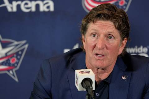 COLUMBUS, OHIO – JULY 01: Columbus Blue Jackets Head Coach Mike Babcock addresses member of the media during a press conference at Nationwide Arena on July 01, 2023 in Columbus, Ohio. (Photo by Jason Mowry/Getty Images)