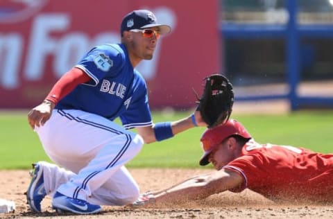 Power-Hitter Cozens Uses His Legs To Swipe a Bag. Photo by Jonathan Dyer – USA TODAY Sports.