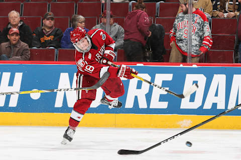 CHICAGO, IL – APRIL 06: Adam Fox #18 of the Harvard Crimson takes a shot during the Division I Men’s Ice Hockey Semifinals held at the United Center on April 6, 2017 in Chicago, Illinois. (Photo by Chase Agnello-Dean/NCAA Photos via Getty Images)