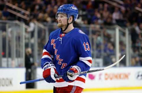 NEW YORK, NEW YORK – APRIL 16: Alexis Lafrenière #13 of the New York Rangers looks on during the first period against the Detroit Red Wings at Madison Square Garden in April 16, 2022, in New York City. (Photo by Sarah Stier/Getty Images)