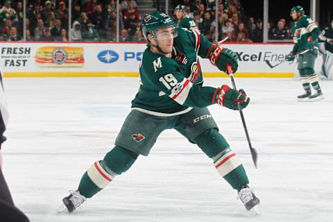 ST. PAUL, MN – NOVEMBER 2: Luke Kunin #19 of the Minnesota Wild passes the puck against the Montreal Canadiens during the game at the Xcel Energy Center on November 2, 2017 in St. Paul, Minnesota. (Photo by Bruce Kluckhohn/NHLI via Getty Images)