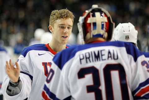 VICTORIA, BC – DECEMBER 31: Goaltender Spencer Knight #29 congratulates teammate Cayden Primeau #30 following a win versus Finland at the IIHF World Junior Championships at the Save-on-Foods Memorial Centre on December 31, 2018 in Victoria, British Columbia, Canada. (Photo by Kevin Light/Getty Images)