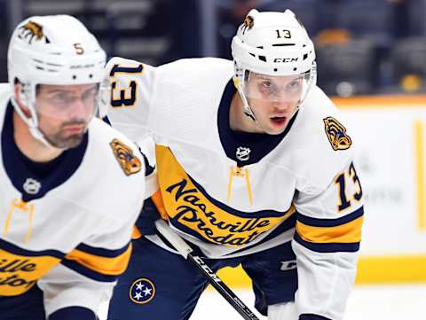 Nashville Predators center Nick Bonino (13) and Nashville Predators defenseman Dan Hamhuis (5)  Mandatory Credit: Christopher Hanewinckel-USA TODAY Sports