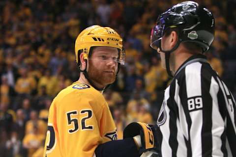 NASHVILLE, TN – APRIL 12: Nashville Predators defenseman Matt Irwin (52) talks with linesman Steve Miller (89) during Game One of Round One of the Stanley Cup Playoffs between the Nashville Predators and Colorado Avalanche, held on April 12, 2018, at Bridgestone Arena in Nashville, Tennessee. (Photo by Danny Murphy/Icon Sportswire via Getty Images)