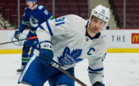 Apr 18, 2021; Vancouver, British Columbia, CAN; Toronto Maple Leafs forward John Tavares (91) skates against the Vancouver Canucks at Rogers Arena. Canucks won 3- 2 in Overtime. Mandatory Credit: Bob Frid-USA TODAY Sports