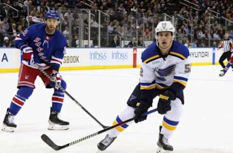 NEW YORK, NEW YORK – DECEMBER 05: Noel Acciari #52 of the St. Louis Blues skates against the New York Rangers at Madison Square Garden on December 05, 2022, in New York City. The Rangers defeated the Blues 6-4. (Photo by Bruce Bennett/Getty Images)