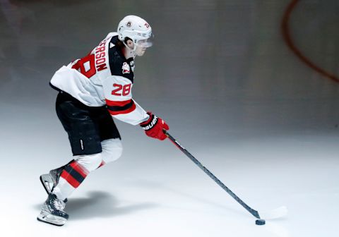 Feb 18, 2023; Pittsburgh, Pennsylvania, USA; New Jersey Devils defenseman Damon Severson (28) takes the ice to warm up before the game against the Pittsburgh Penguins at PPG Paints Arena. Mandatory Credit: Charles LeClaire-USA TODAY Sports