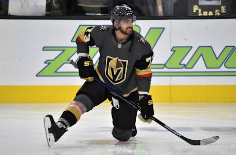 LAS VEGAS, NV – FEBRUARY 12: Brandon Pirri #73 of the Vegas Golden Knights warms up prior to a game against the Arizona Coyotes at T-Mobile Arena on February 12, 2019 in Las Vegas, Nevada. (Photo by David Becker/NHLI via Getty Images)