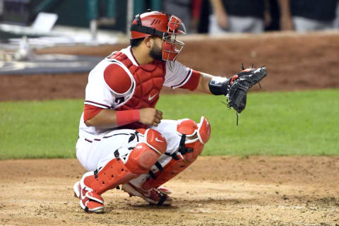 WASHINGTON, DC – SEPTEMBER 13: Keibert Ruiz #20 of the Washington Nationals throws to second base throws to second base during a baseball game against the Miami Marlins at Nationals Park on October 13, 2021 in Washington, DC. (Photo by Mitchell Layton/Getty Images)