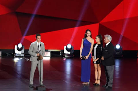 Jun 21, 2017; Las Vegas, NV, USA; Calgary Flames player Johnny Gaudreau wins the Lady Byng Trophy during the 2017 NHL Awards and Expansion Draft at T-Mobile Arena. Mandatory Credit: Stephen R. Sylvanie-USA TODAY Sports