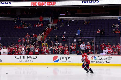 WASHINGTON, DC – MARCH 28: Shane Gersich #63 of the Washington Capitals skates during pregame warm-ups before the start of an NHL game against the New York Rangers at Capital One Arena on March 28, 2018 in Washington, DC. (Photo by Patrick McDermott/NHLI via Getty Images)