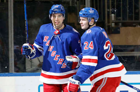 NEW YORK, NEW YORK – APRIL 29: Filip Chytil #72 and Kaapo Kakko #24 of the New York Rangers react after Chytil scored during the second period against the Washington Capitals at Madison Square Garden on April 29, 2022, in New York City. (Photo by Sarah Stier/Getty Images)