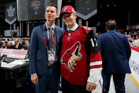 CHICAGO, IL – JUNE 24: Noel Hoefenmayer poses for photos with general manager John Chayka  . (Photo by Bruce Bennett/Getty Images)