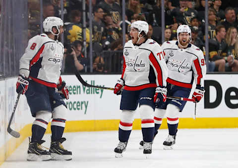 LAS VEGAS, NV – JUNE 07: Alex Ovechkin #8 of the Washington Capitals celebrates his goal against the Vegas Golden Knights with T.J. Oshie #77 and Evgeny Kuznetsov during the second period of Game Five of the 2018 NHL Stanley Cup Final at T-Mobile Arena on June 7, 2018 in Las Vegas, Nevada. (Photo by Patrick McDermott/NHLI via Getty Images)