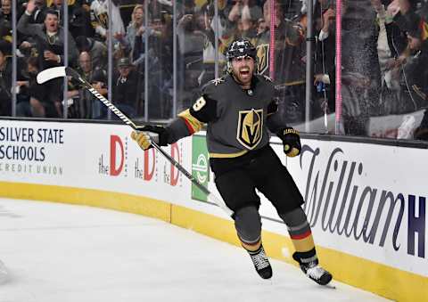 LAS VEGAS, NV – APRIL 16: Alex Tuch #89 of the Vegas Golden Knights celebrates after scoring a goal during the third period against the San Jose Sharks in Game Four of the Western Conference First Round during the 2019 NHL Stanley Cup Playoffs at T-Mobile Arena on April 16, 2019 in Las Vegas, Nevada. (Photo by David Becker/NHLI via Getty Images)