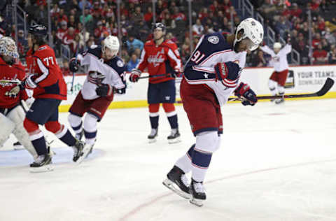 WASHINGTON, DC – NOVEMBER 09: Anthony Duclair #91 of the Columbus Blue Jackets celebrates after scoring a goal against the Washington Capitals during the third period at Capital One Arena on November 9, 2018 in Washington, DC. (Photo by Patrick Smith/Getty Images)