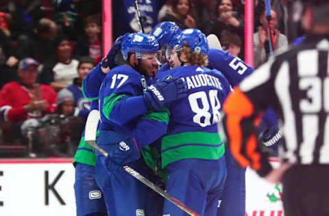 VANCOUVER, BC – DECEMBER 17: The Vancouer Canucks celebrate a goal by Vancouver Canucks Center Adam Gaudette (88) against the Montreal Canadiens during their NHL game at Rogers Arena on December 17, 2019 in Vancouver, British Columbia, Canada. (Photo by Devin Manky/Icon Sportswire via Getty Images)