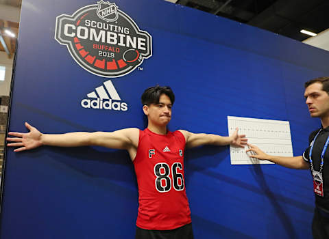 BUFFALO, NY – JUNE 1: Ryan Suzuki has his wingspan measured during the 2019 NHL Scouting Combine on June 1, 2019 at Harborcenter in Buffalo, New York. (Photo by Bill Wippert/NHLI via Getty Images)