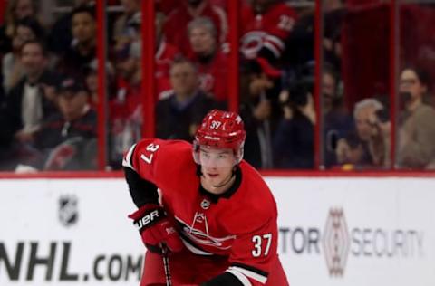 RALEIGH, NC – MARCH 28: Andrei Svechnikov #37 of the Carolina Hurricanes skates with the puck during an NHL game against the Washington Capitals on March 28, 2019 at PNC Arena in Raleigh, North Carolina. (Photo by Gregg Forwerck/NHLI via Getty Images)