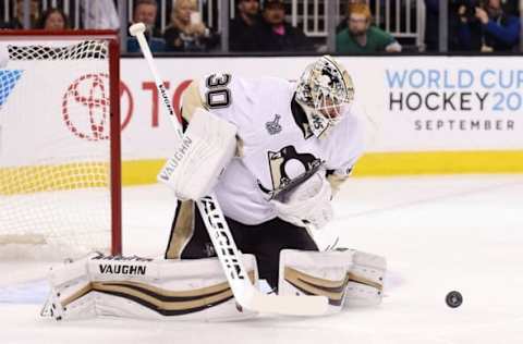 Jun 12, 2016; San Jose, CA, USA; Pittsburgh Penguins goalie Matt Murray (30) makes a save against the San Jose Sharks in the first period in game six of the 2016 Stanley Cup Final at SAP Center at San Jose. Mandatory Credit: Gary A. Vasquez-USA TODAY Sports