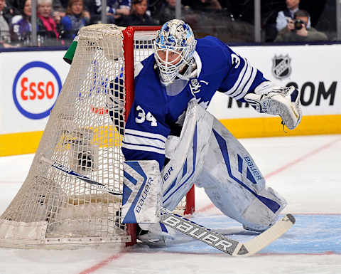 TORONTO, ON – JANUARY 23: James Reimer #34 of the Toronto Maple Leafs prepares for a shot against the Montreal Canadiens during game action on January 23, 2016 at Air Canada Centre in Toronto, Ontario, Canada. (Photo by Graig Abel/NHLI via Getty Images)