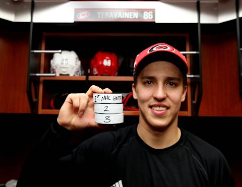 RALEIGH, NC – NOVEMBER 13: Teuvo Teravainen #86 of the Carolina Hurricanes is photographed celebrating his first career hat trick following an NHL game against the Dallas Stars on November 13, 2017 at PNC Arena in Raleigh, North Carolina. (Photo by Gregg Forwerck/NHLI via Getty Images)