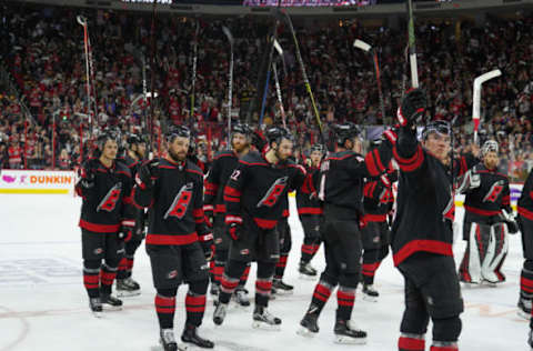 RALEIGH, NC – MAY 16: Carolina Hurricanes thank their fans after a game between the Boston Bruins and the Carolina Hurricanes on May 14, 2019 at the PNC Arena in Raleigh, NC. (Photo by Greg Thompson/Icon Sportswire via Getty Images)