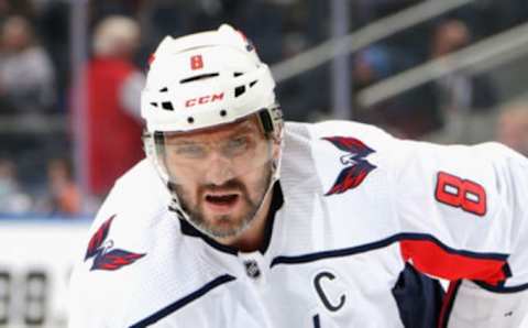 ELMONT, NEW YORK – JANUARY 15: Alex Ovechkin #8 of the Washington Capitals skates against the New York Islanders at the UBS Arena on January 15, 2022 in Elmont, New York. (Photo by Bruce Bennett/Getty Images)