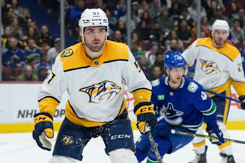 Dante Fabbro playing against the Canucks for the Predators. (Photo by Derek Cain/Getty Images)