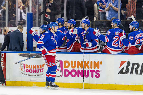 NEW YORK, NY – MAY 04: New York Rangers defenseman Nick Holden (22) is congratulated at the bench after scoring during the first period of game 4 of the second round of the 2017 Stanley Cup Playoffs between the Ottawa Senators and the New York Rangers on May 04, 2017, at Madison Square Garden in New York, NY. (Photo by David Hahn/Icon Sportswire via Getty Images)