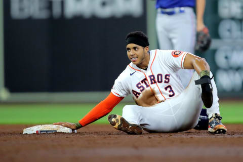 May 21, 2022; Houston, Texas, USA; Houston Astros shortstop Jeremy Pena (3) rests after stealing second base against the Texas Rangers during the second inning during the first inning at Minute Maid Park. Mandatory Credit: Erik Williams-USA TODAY Sports