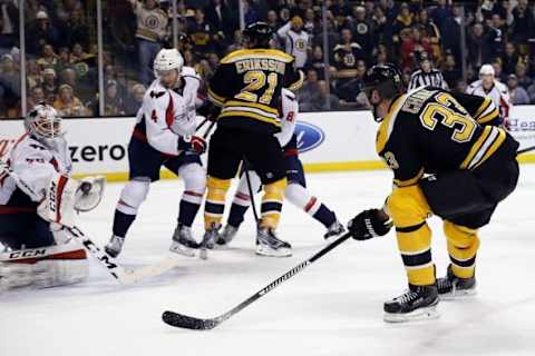 Jan 5, 2016; Boston, MA, USA; Washington Capitals goalie Braden Holtby (70) stops a shot by Boston Bruins defenseman Zdeno Chara (33) during the third period at TD Garden. The Washington Capitals won 3-2. Mandatory Credit: Greg M. Cooper-USA TODAY Sports