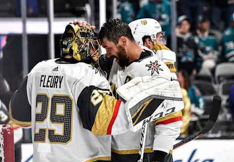 SAN JOSE, CA – APRIL 12: Marc-Andre Fleury #29 and Deryk Engelland #5 of the Vegas Golden Knights celebrate the win over the San Jose Sharks in Game Two of the Western Conference First Round during the 2019 NHL Stanley Cup Playoffs at SAP Center on April 12, 2019 in San Jose, California (Photo by Brandon Magnus/NHLI via Getty Images)