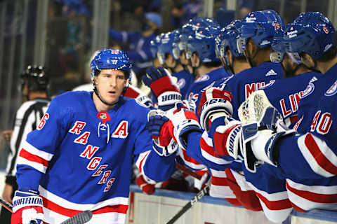 Ryan Strome #16 of the New York Rangers celebrates his first period goal against the San Jose Sharks at Madison Square Garden on December 03, 2021 in New York City. (Photo by Bruce Bennett/Getty Images)