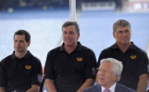 Jul 29, 2015; Foxboro, MA, USA; Boston Bruins general manager Don Sweeney and president Cam Neely and former Bruins defenseman Ray Bourque during a press conference for the Winter Classic hockey game at Gillette Stadium. Mandatory Credit: Bob DeChiara-USA TODAY Sports