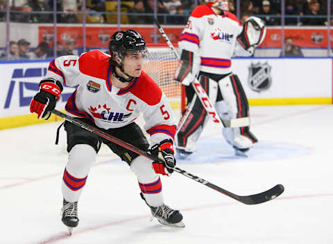 KITCHENER, ONTARIO – MARCH 23: Denton Mateychuk #5 of Team White skates against Team Red in the 2022 CHL/NHL Top Prospects Game at Kitchener Memorial Auditorium on March 23, 2022 in Kitchener, Ontario. (Photo by Chris Tanouye/Getty Images)