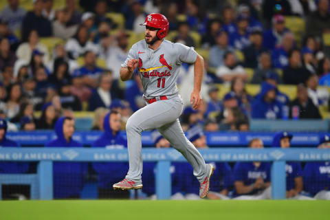 Apr 28, 2023; Los Angeles, California, USA; St. Louis Cardinals shortstop Paul DeJong (11) runs home to score against the Los Angeles Dodgers during the ninth inning at Dodger Stadium. Mandatory Credit: Gary A. Vasquez-USA TODAY Sports