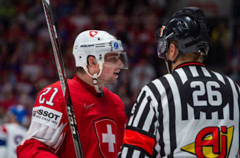 BRATISLAVA, SLOVAKIA – MAY 21: #21 Kevin Fiala of Switzerland talks to the referee during the 2019 IIHF Ice Hockey World Championship Slovakia group game between Czech Republic and Switzerland at Ondrej Nepela Arena on May 21, 2019 in Bratislava, Slovakia. (Photo by RvS.Media/Monika Majer/Getty Images)