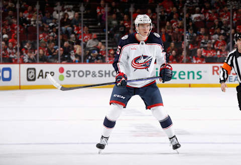 NEWARK, NEW JERSEY – OCTOBER 30: David Jiricek #55 of the Columbus Blue Jackets skates against the New Jersey Devils at the Prudential Center on October 30, 2022 in Newark, New Jersey. The Devils defeated the Blue Jackets 7-1. (Photo by Bruce Bennett/Getty Images)